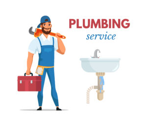 Plumbing service advertising banner, repairman in uniform standing with wrench in hand and tools box near sink.